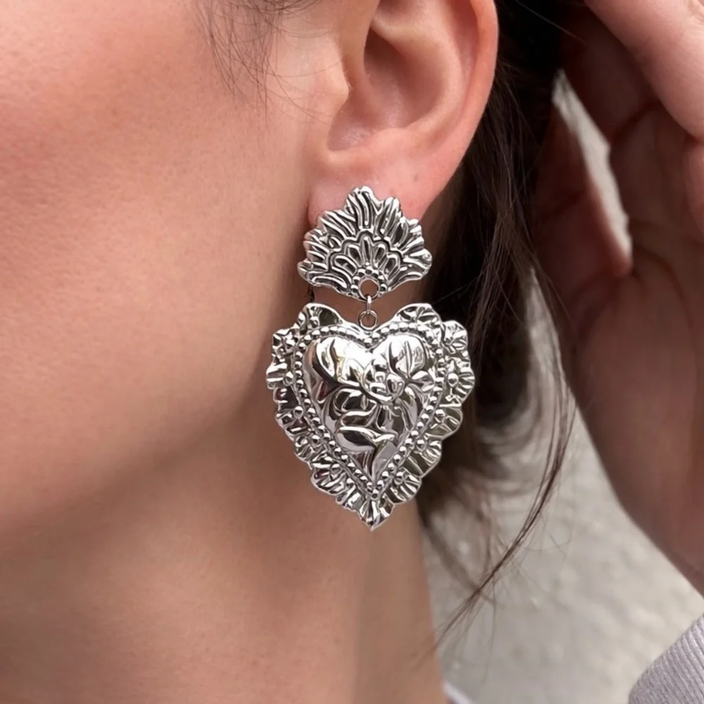 Chunky Silver Heart Statement Earrings – Vintage Inspired Floral Drop Earrings